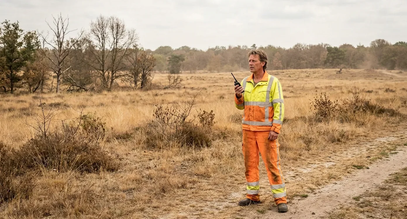 Ambtenaar in fluorescerend veiligheidspak met portofoon in droge, uitgedroogde landschap met dode bomen tijdens droogte.